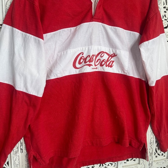 Vintage 1980's Retro Coca Cola Red & White Striped Rugby Long Sleeve Shirt Sz L - Picture 2 of 8